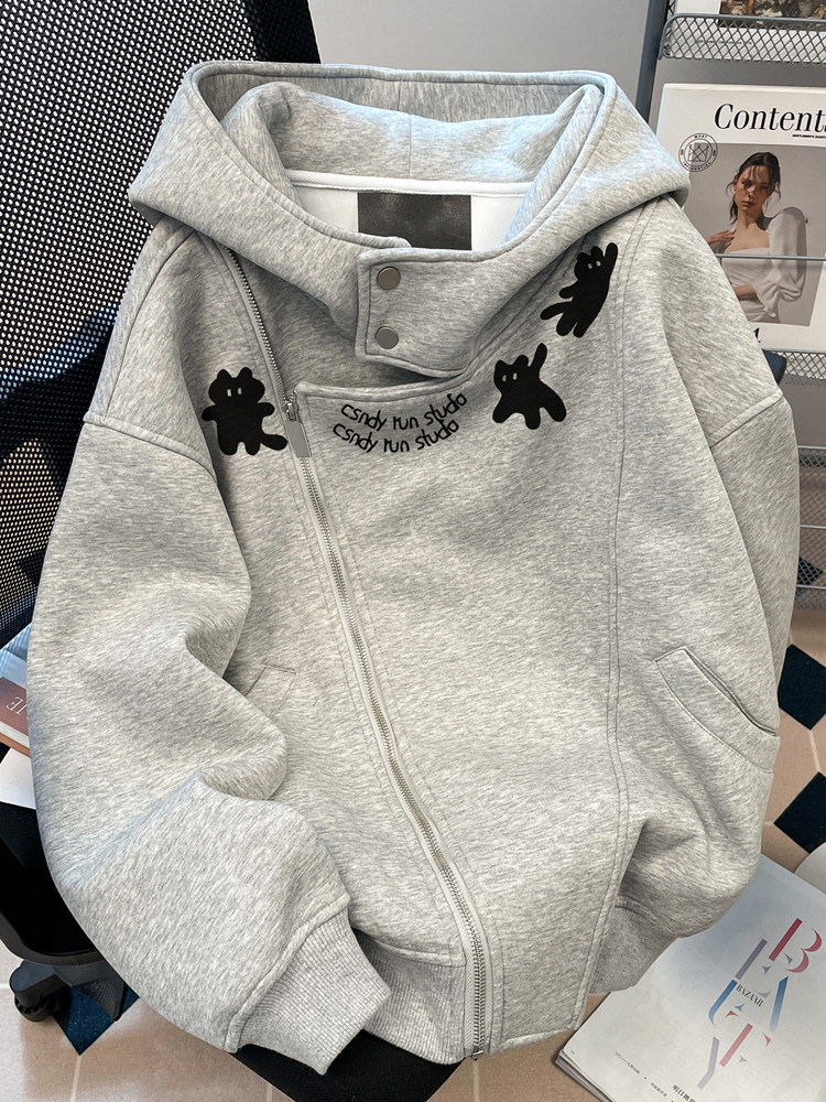 灰色巨好看趣味猫咪卫衣拉炼开衫女秋冬重磅加绒美式爆款连帽外套
