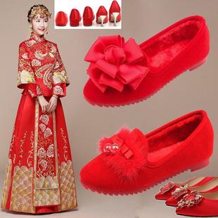加绒秋冬新娘结婚鞋 冬天结婚婚鞋 兔毛平底平跟红色旗袍单鞋 女保暖