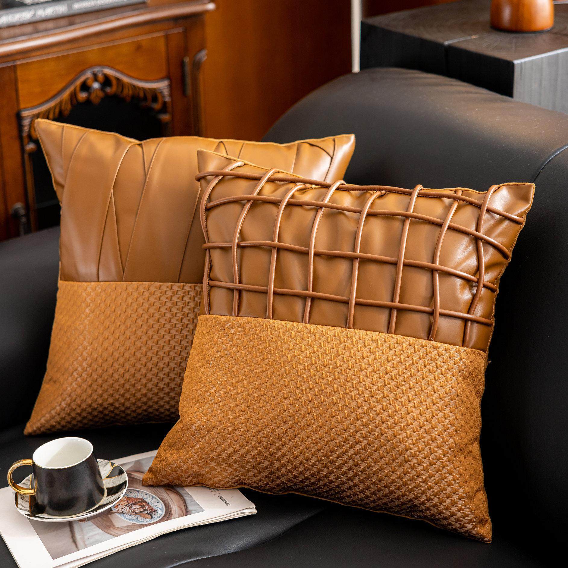 新棕色皮革拼接沙发抱枕套办公室靠枕酒店名宿样板间别墅床头靠垫,居家布艺,抱枕被,淘宝优惠券,粉丝福利购,淘宝优惠卷
