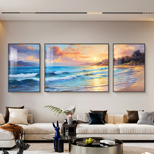海景客厅装饰画现代简约海浪沙滩温馨三联壁画卧室沙发背景墙挂画