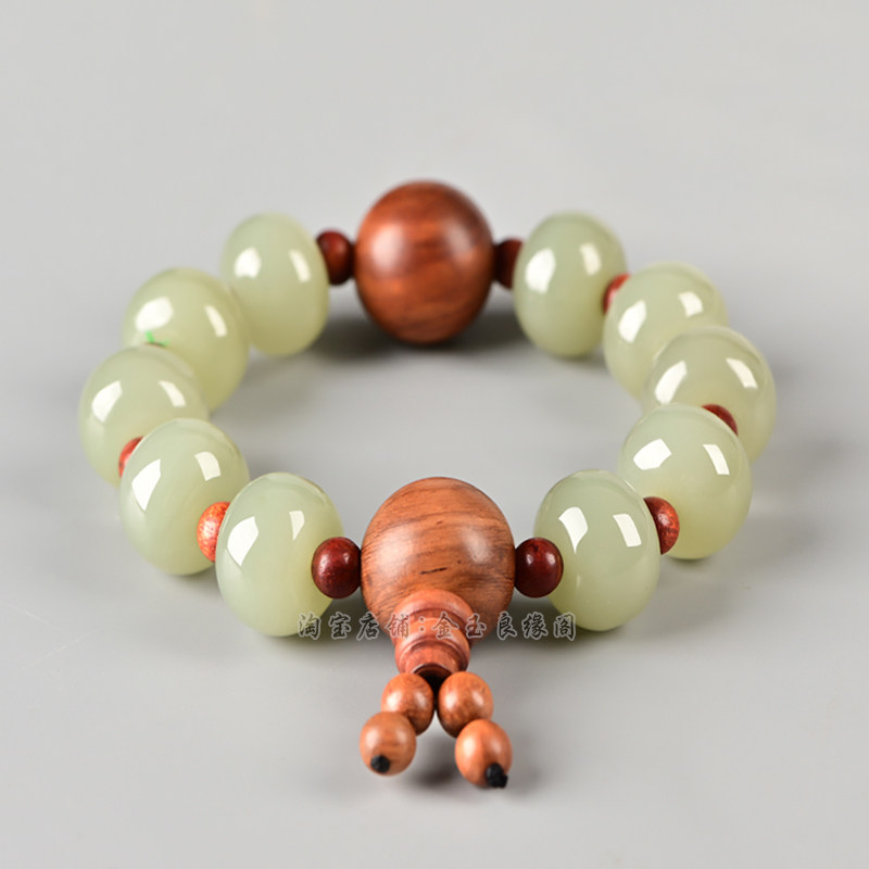 新疆和田玉手链男女同款玉石手串青白玉紫檀木转运珠串手链首饰品