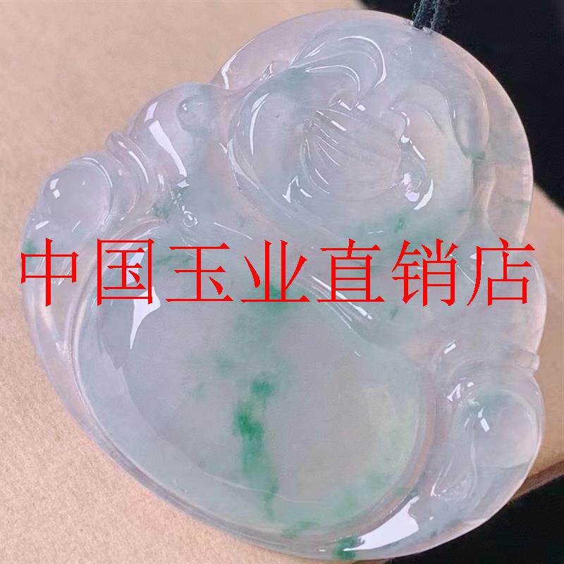 翡翠色玉石弥勒佛挂件缅甸老坑高冰种飘花阳绿色男女款项链玉吊坠