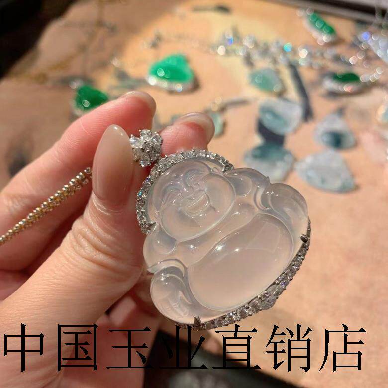 高端玻璃种翡翠色佛公玉吊坠18k金镶嵌高端缅甸处理白冰挂件项链