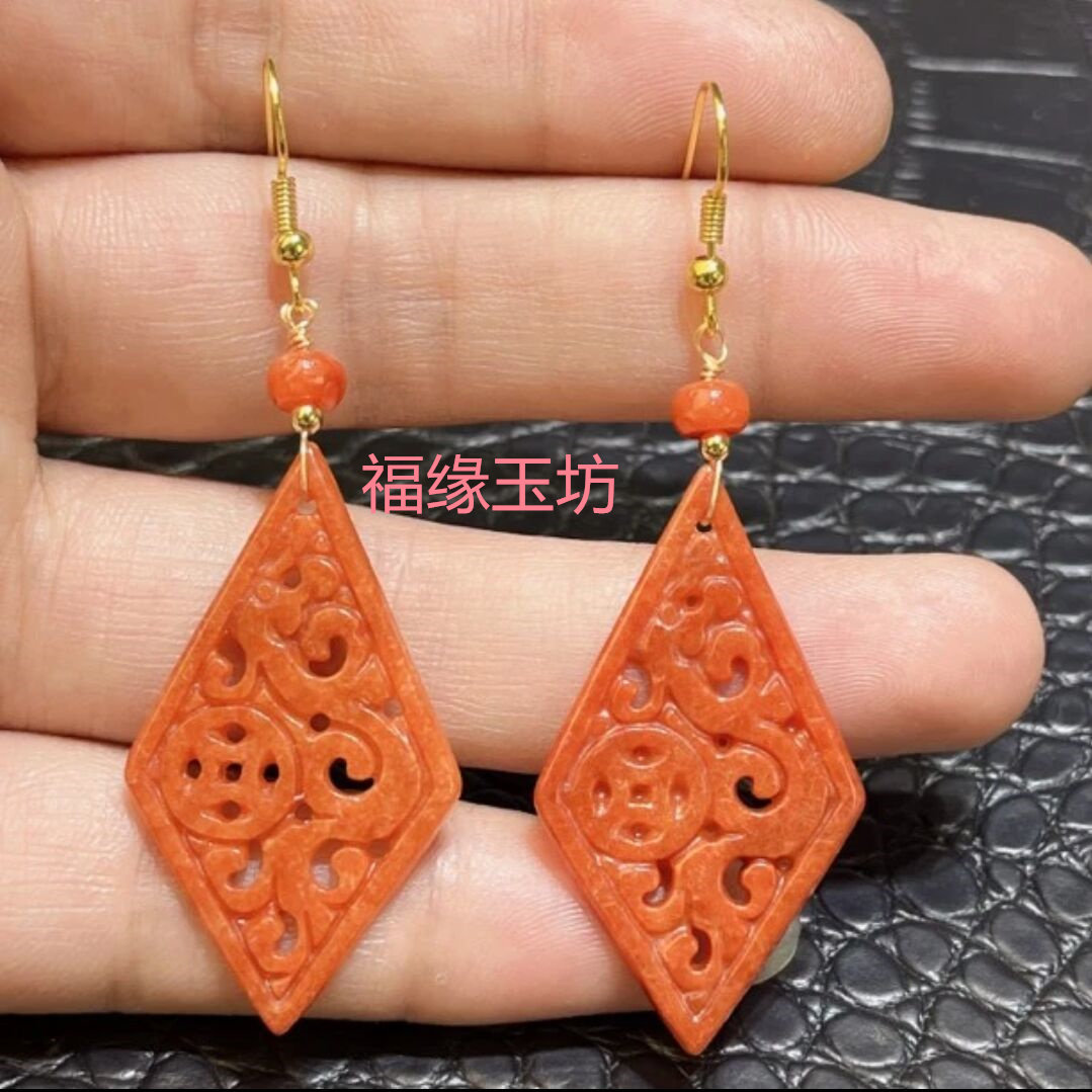 翡翠色耳饰红翡色镂空雕刻菱形耳饰时尚设计百搭优雅女款耳环饰品