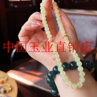 新疆和田玉两圈手链若羌黄玉原创新中式女款国风老料圆珠多圈手串