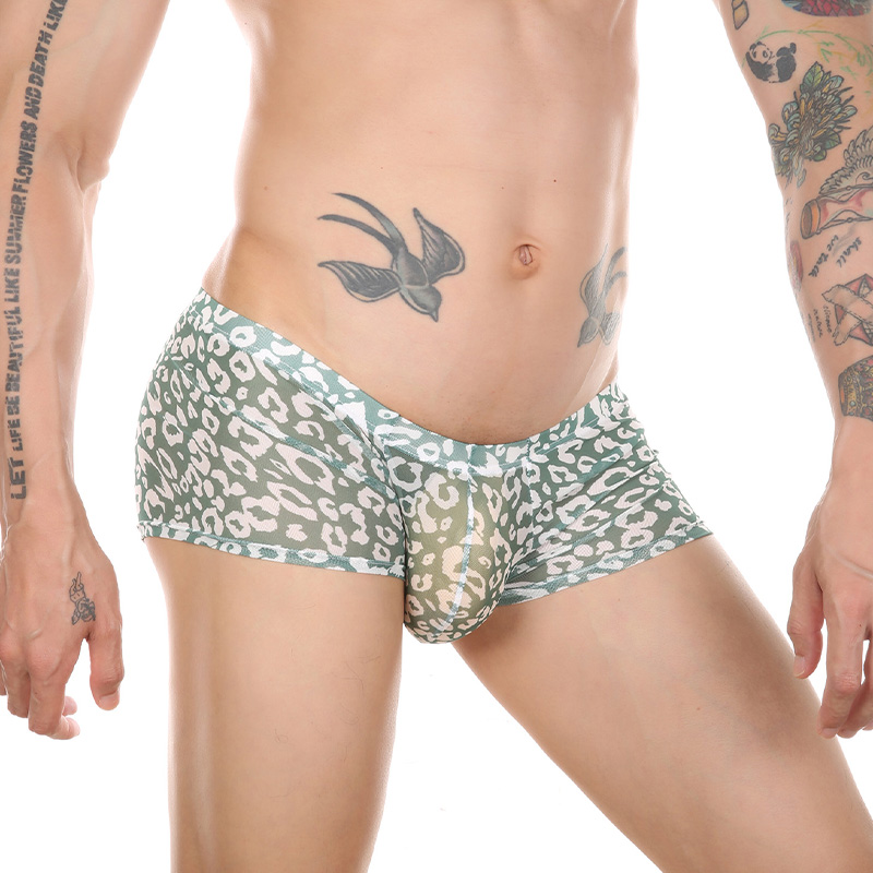 豹纹无痕内裤男款高弹修身性感透气男士平角裤低腰U凸囊袋个性