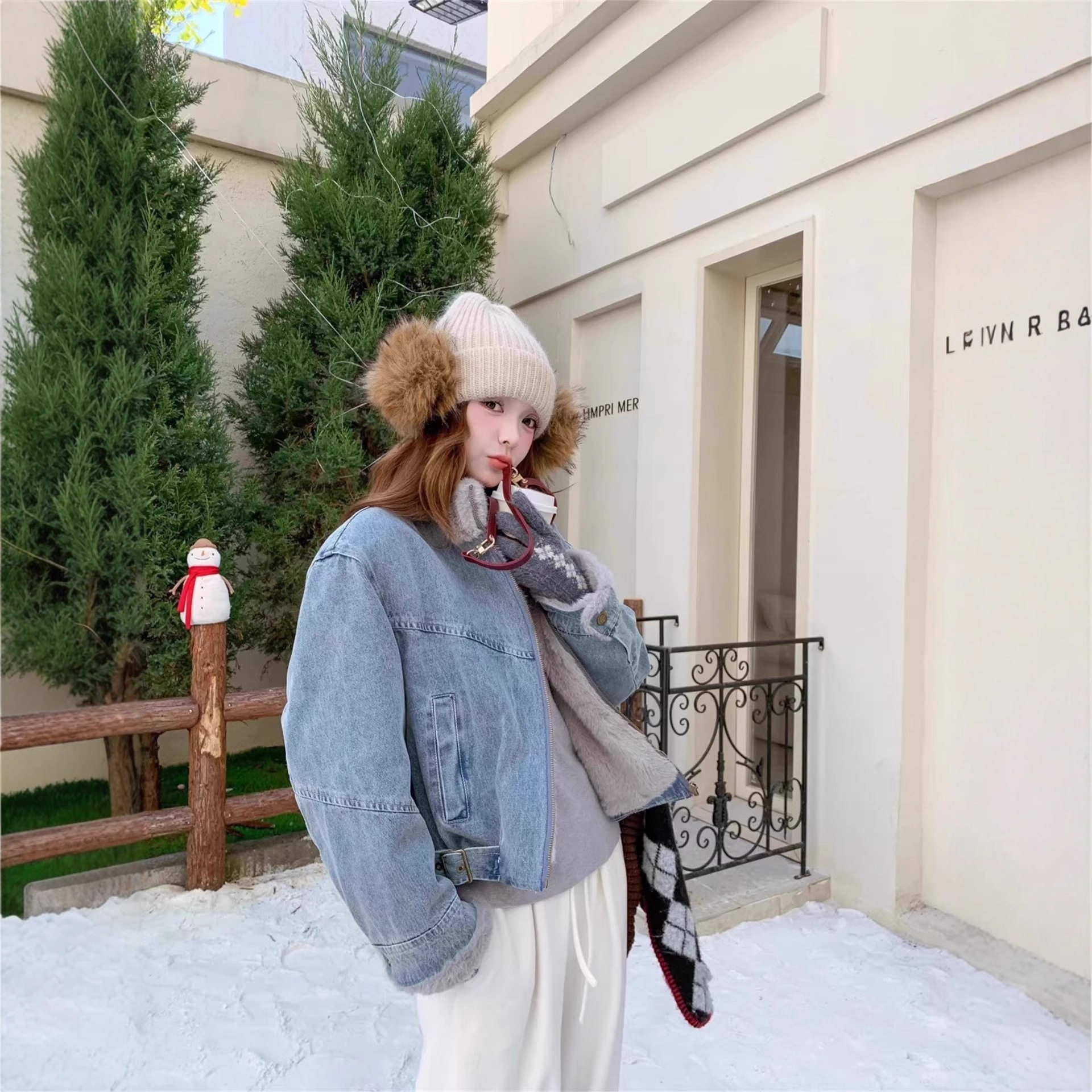 日系复古简约女时尚加绒加厚毛领棉衣/棉服