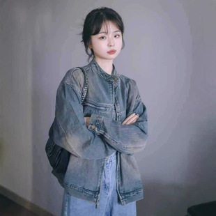 复古港风chic拉链牛仔外套女春秋宽松减龄休闲百搭立领夹克上衣潮