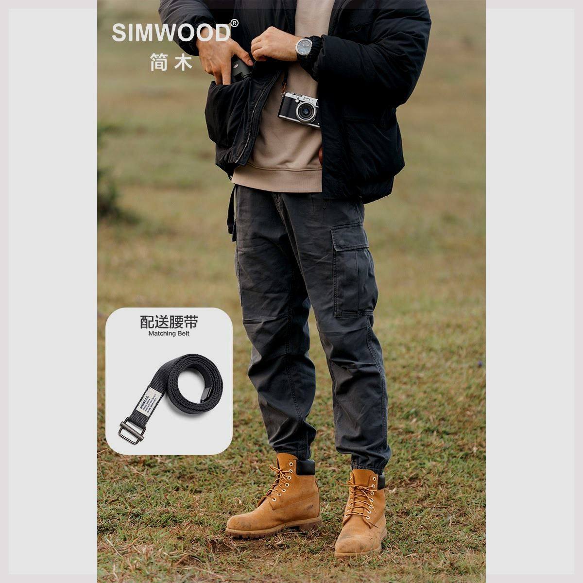 SIMWOOD/简木2023秋季新款宽松版型290g松紧腰束脚工装多袋休闲裤
