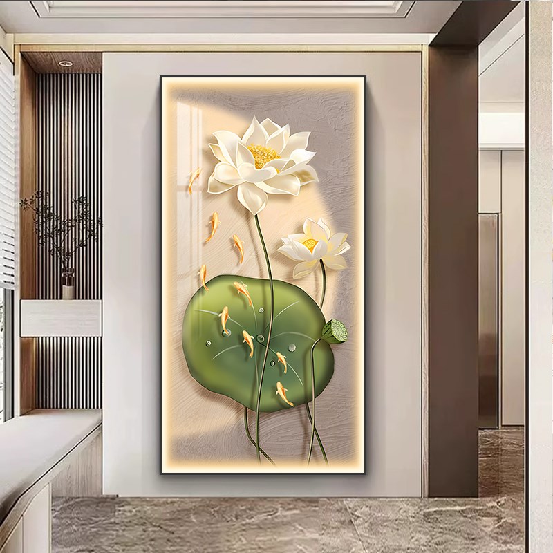 LED带灯九鱼图玄关装饰画简约现代 花I开富贵挂画轻奢走廊过道壁