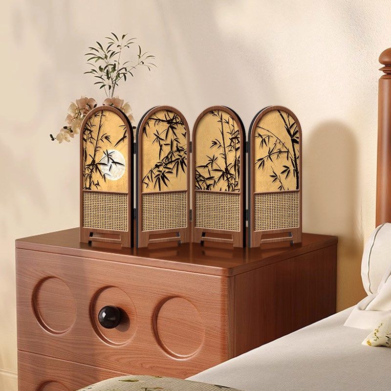 小屏风摆件中古风竹子新款桌面摆台画折叠折屏高级感电视柜装饰画