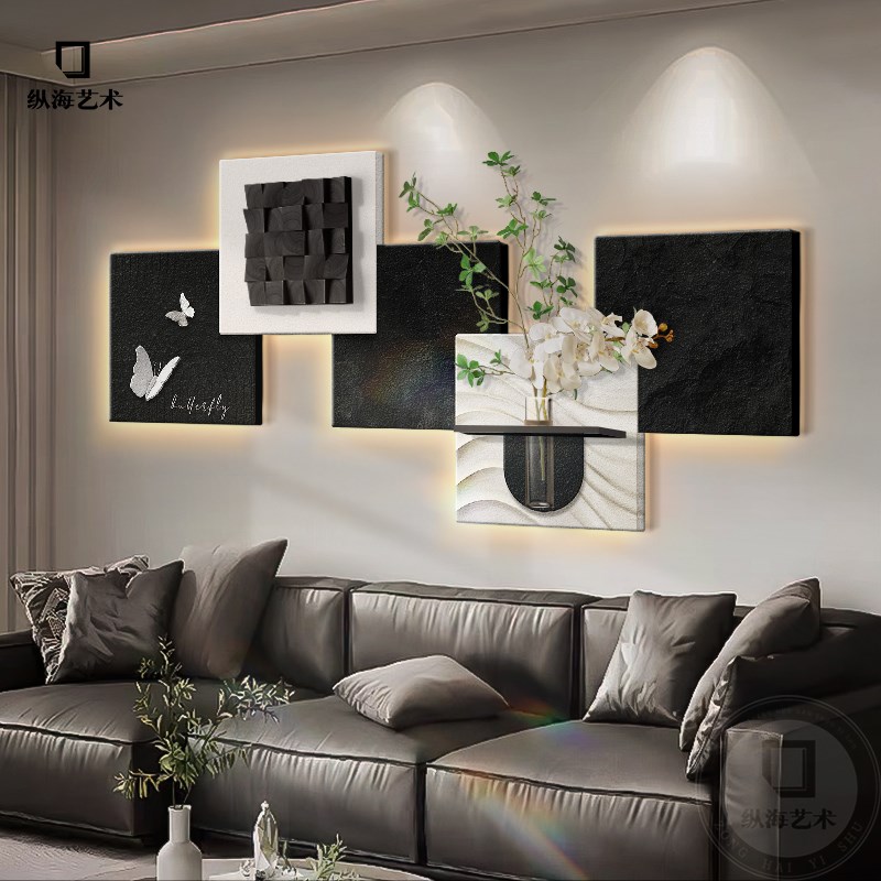 意式极简客厅装饰画水培绿植沙发背景墙挂画立体实V木砂岩发光壁