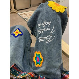 女装 显瘦阔腿裤 卡通牛仔裤 子炸街百搭女裤 女设计感刺绣裤 胖mm大码