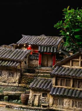 老桩盆景微景观造型盆栽办公桌装A饰摆件复古房子花盆微缩建筑模