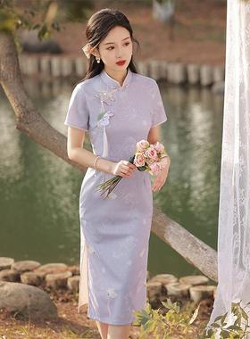 新中式旗袍连衣裙女紫色玉桂兔高级感气质小个子素雅精致日常可穿
