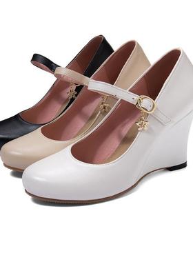 鞋女春秋款扣带米h色鞋子白色女鞋高跟单鞋坡跟鞋大码鞋  40-45 N