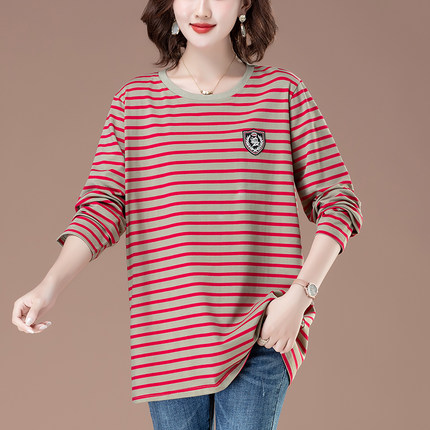 2023新款秋季上衣中年妈妈秋装长袖宽松T恤大尺码条纹纯棉打底小