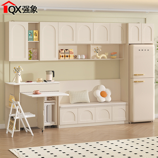 法式 冰箱柜定制G264 奶油风卡座餐柜餐桌一体柜岩板折叠桌嵌入式