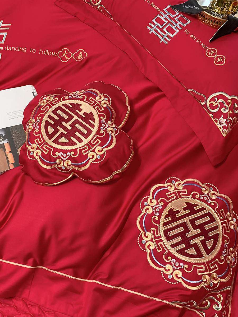 新品60支长绒棉四m件套纯棉全棉床单床盖款大红色结婚喜被婚庆床