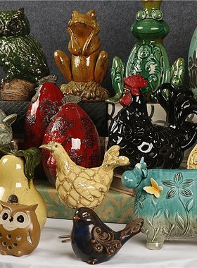 美式复古做旧风陶瓷动物冰裂釉摆件家居客厅玄关桌面创意装饰摆设