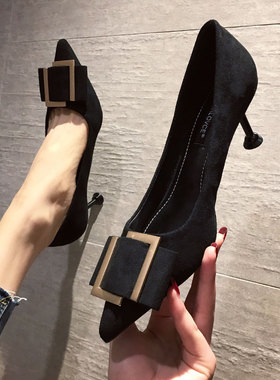 2021年新款秋冬百搭法式小高跟细C跟尖头中跟职业猫跟单鞋黑色3cm