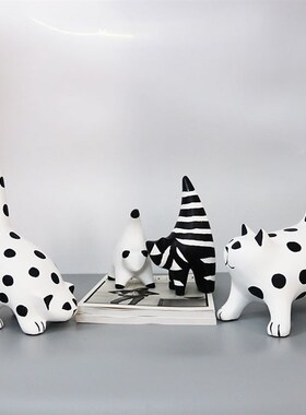 卡通风儿童房黑白波点猫咪动物树脂摆件客厅桌面装饰样板房间软装
