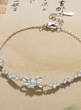 蝴蝶结缘手链女简约小众设计感碎钻蝴蝶结手饰情人节礼物925足银
