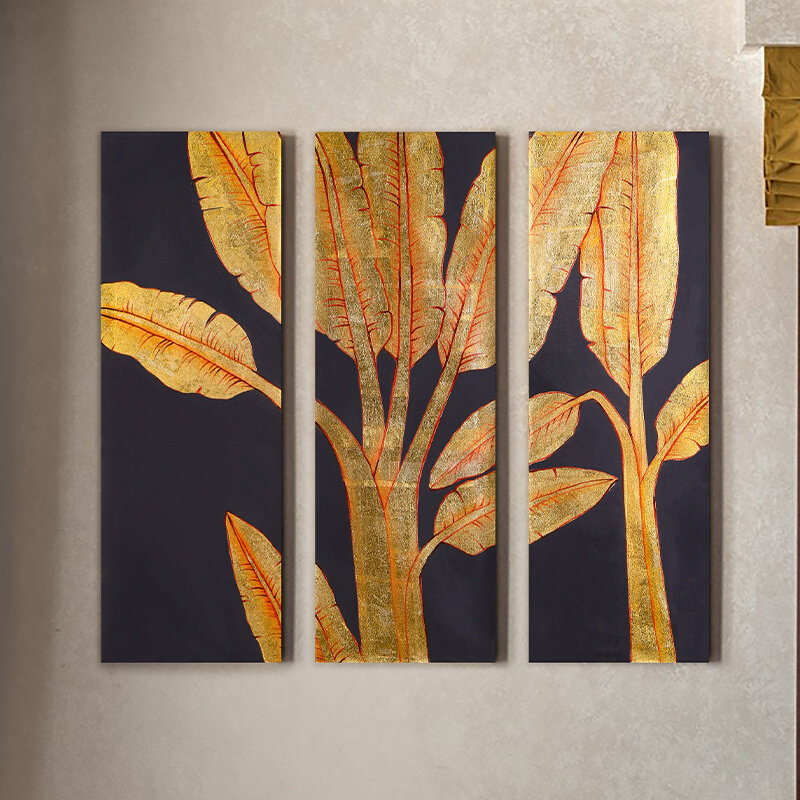 泰国东南亚手绘油画泰式玄关走廊壁画客厅创意挂画过道三拼金箔画