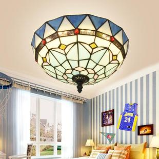 灯饰简约欧式 吸顶灯LED卧室个性 蒂凡尼圆形玻璃灯具 田园风格 欧式