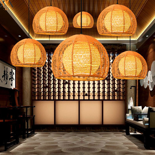 日式麻球藤艺吊灯创意个性手工编织圆形鸟巢饭店餐桌餐厅麻绳灯罩