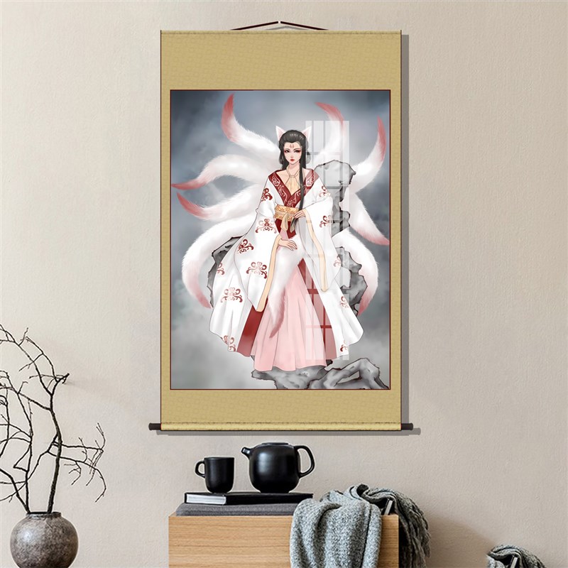 涂山九尾狐画f像白色狐狸卷轴挂画胡家东北出马客厅堂口供奉装饰