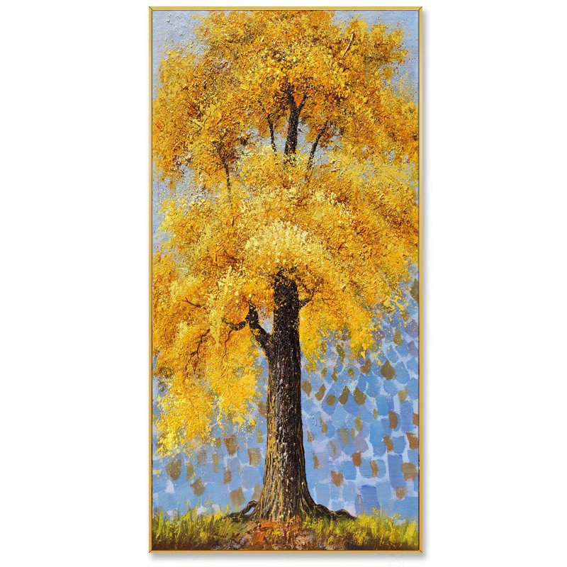 纯手绘油画玄关入户黄金发财树摇钱E竖版装饰画现代简约挂画道走图片