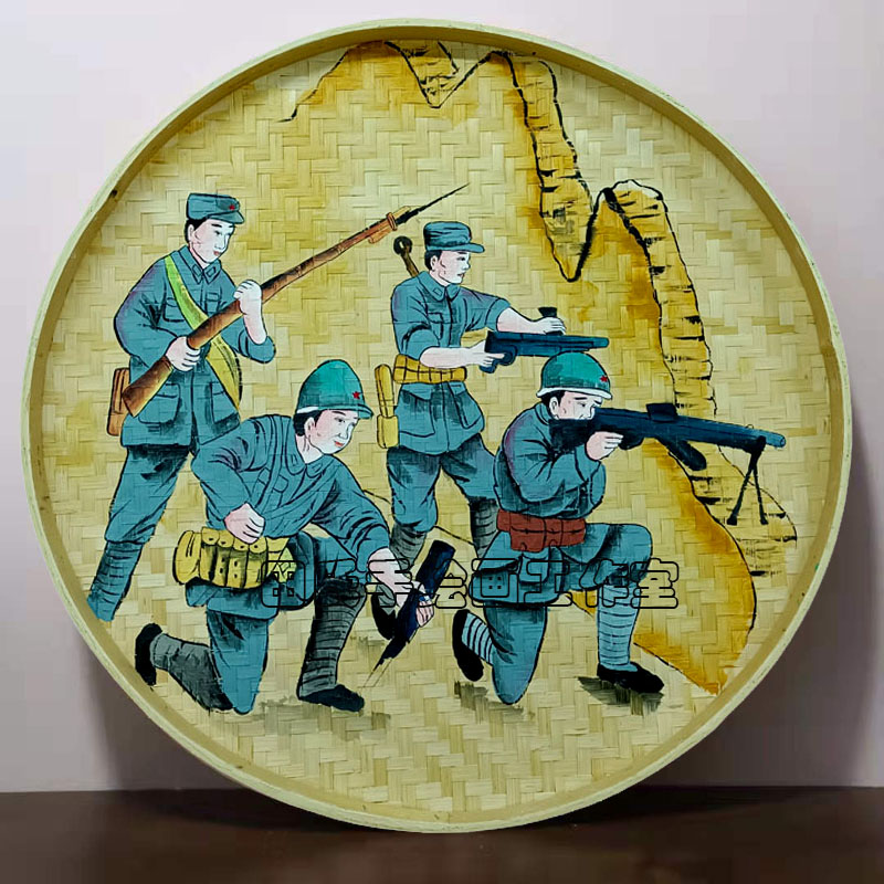 手绘竹编簸箕画红军墙面装饰w画红色古村墙壁挂饰户外墙上挂件璧图片