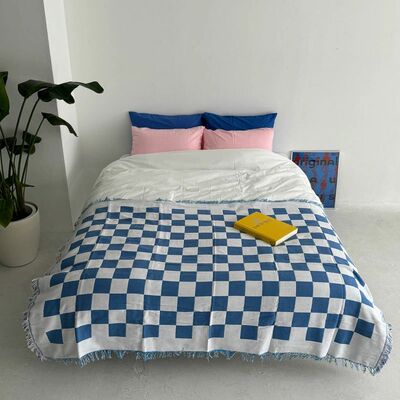 小清新公寓装饰韩国oins博主棋盘格图案盖毯卧室布置沙发毯