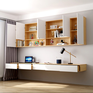 实木双人墙上书桌书架一体电脑桌写字桌壁挂式 墙面书柜吊柜置物架
