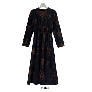 时尚优雅气质中长款长袖连衣裙黑色复古中国风印花秋冬
