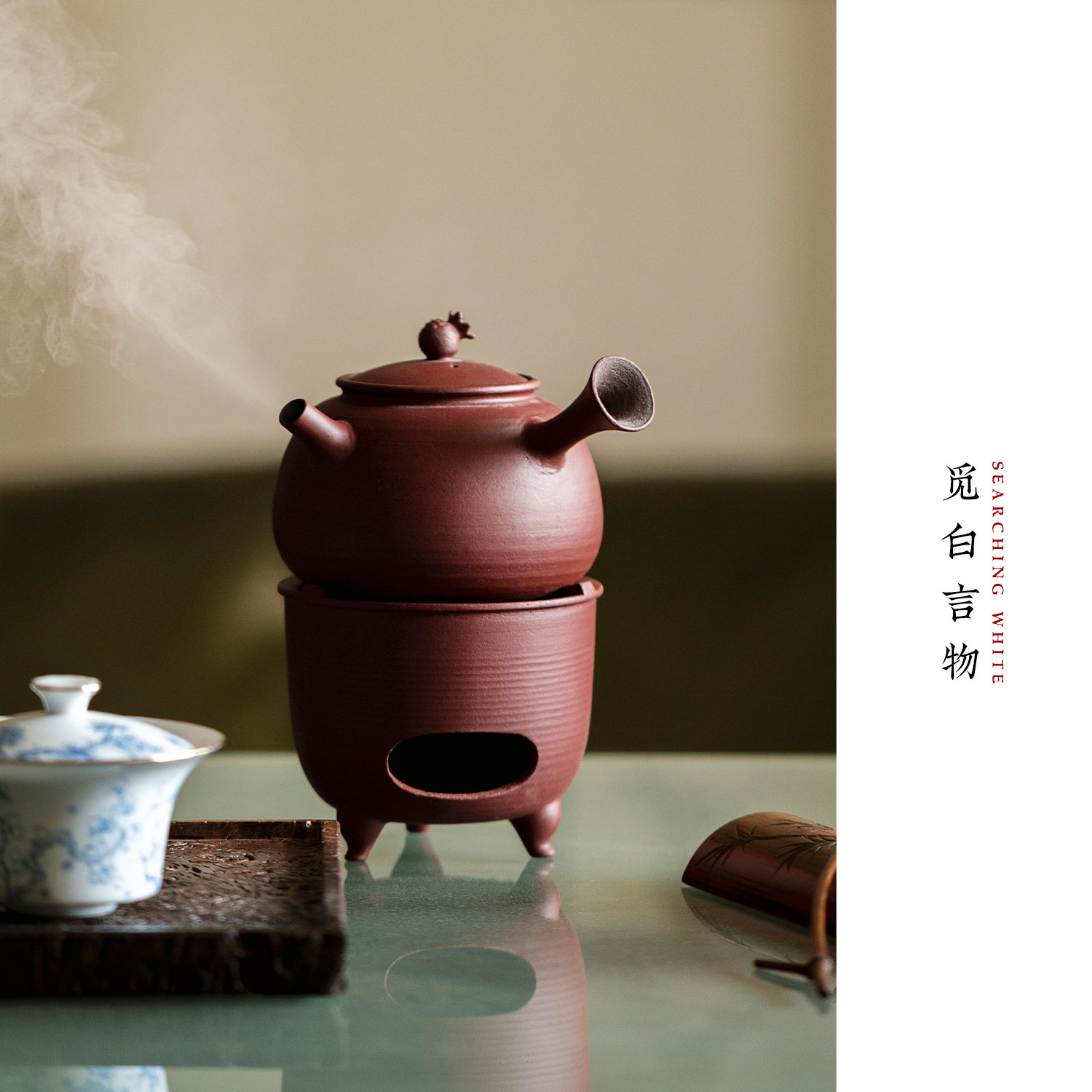 觅白朱颜粉引红泥炉侧把壶套组煮茶酒精炉手工茶器霖松堂小炉套装