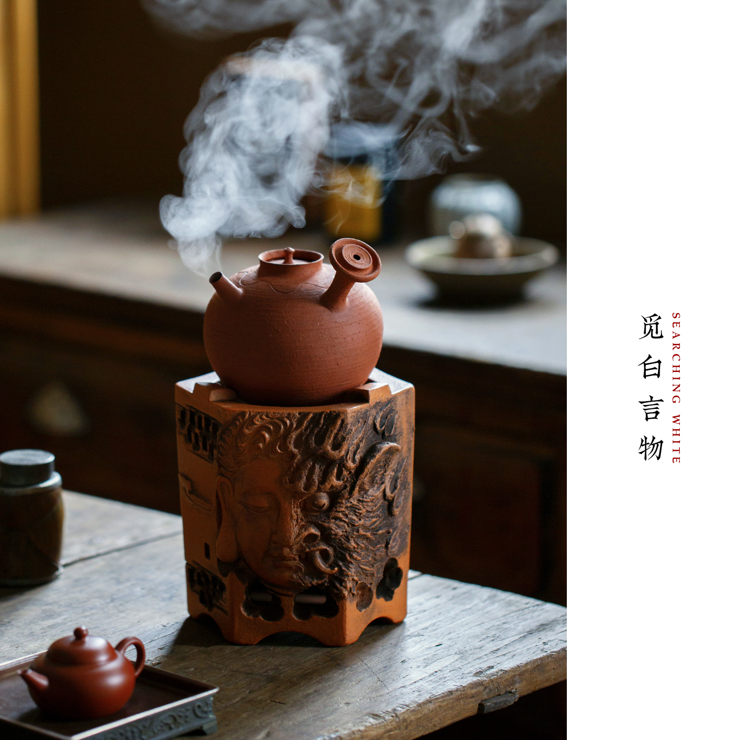 全手红泥炭炉雕刻佛魔煮茶炉砂铫