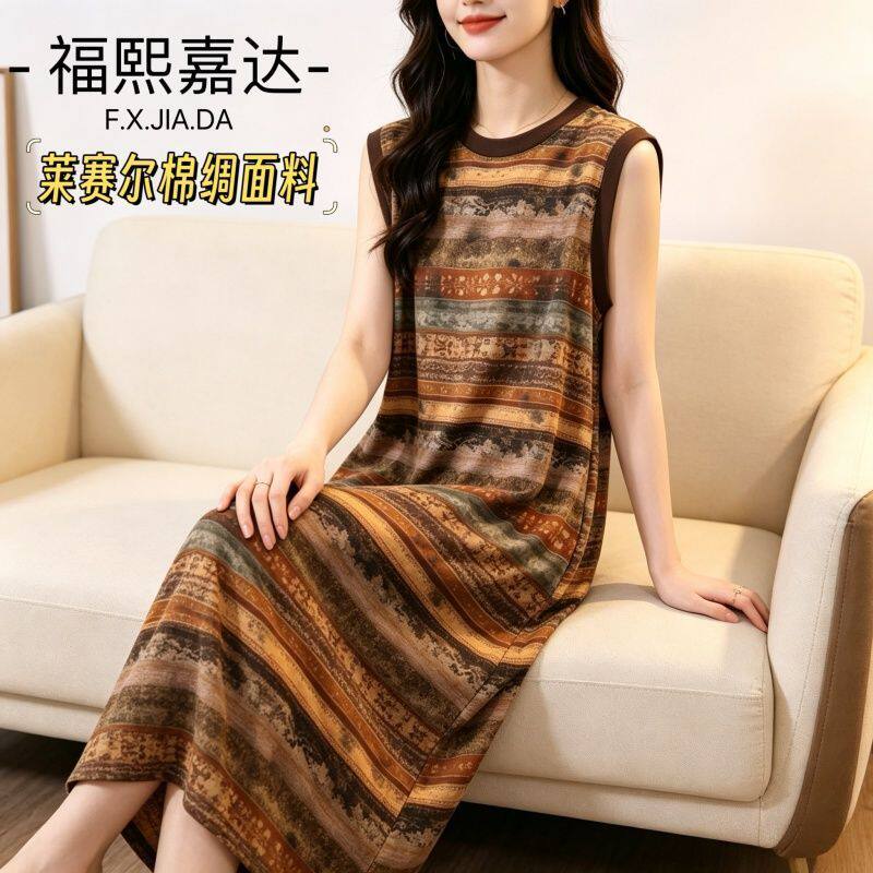 福熙嘉达莱赛尔棉绸无袖连衣裙复古花纹显瘦设计日常通勤高级舒适