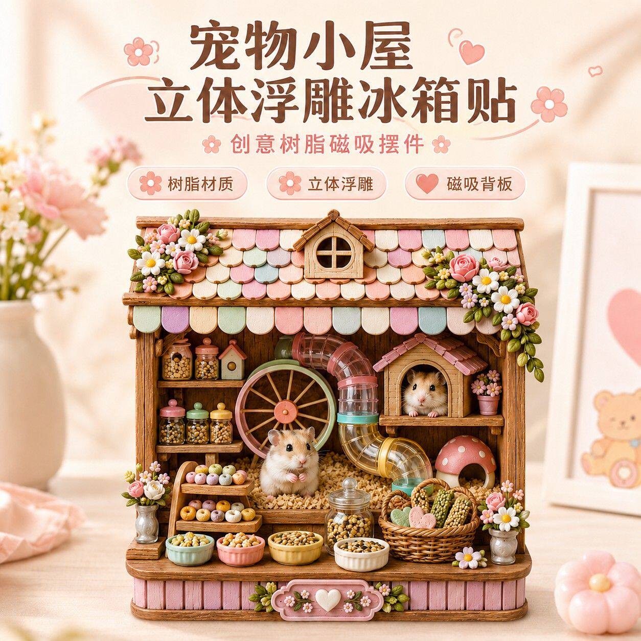 ins治愈系可爱仓鼠小屋立体浮雕磁吸冰箱贴彩绘树脂贴纪念品