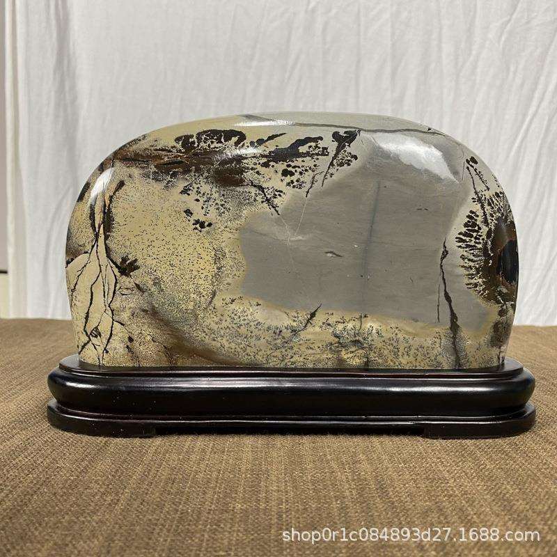 国画石摆件家具书房风景水墨画原石摆件水草花意境山水画石摆台