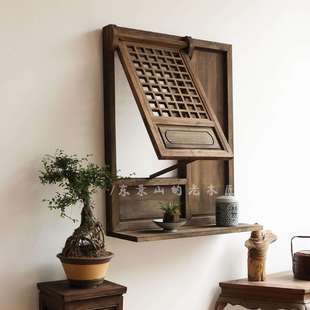 中式上翻窗仿古做旧置物板支摘窗古风复古花窗挂件装饰东阳木雕