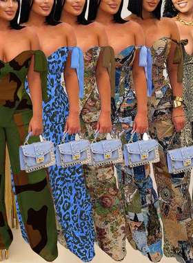 K3296 欧美印花油画图案绑带抽绳多口袋裤套装