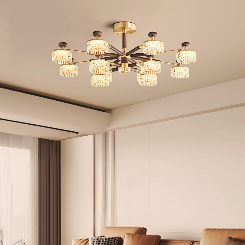 客厅主灯双层大灯黑胡桃木全铜法式中古别墅大厅美学吊灯