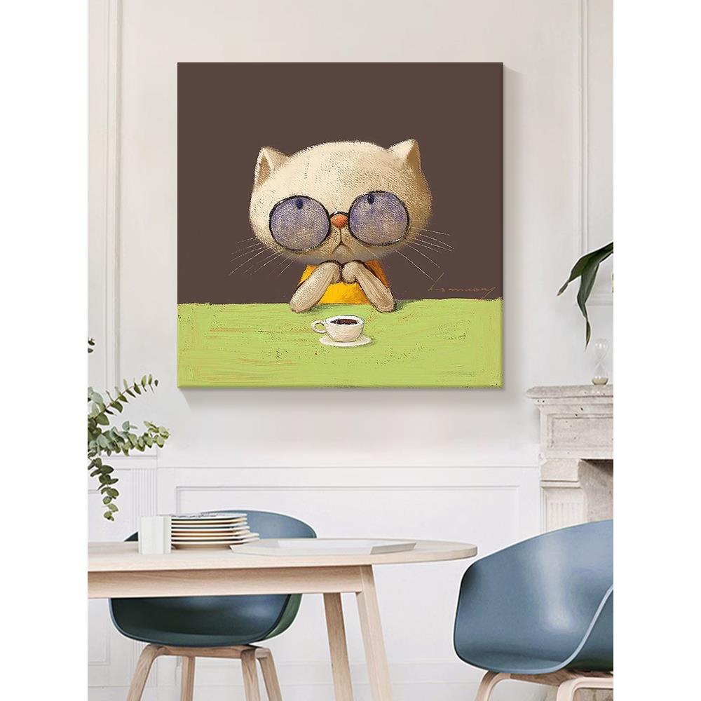 抽象忧郁的猫手绘油画客厅小众艺术装饰壁画玄关儿童房正方形挂画