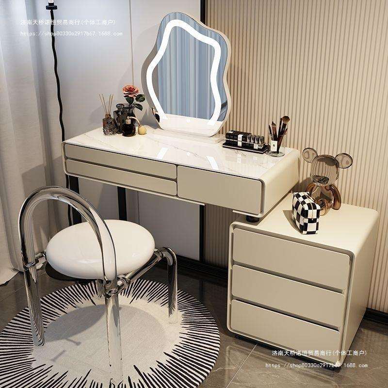 2025奶油风岩板实木梳妆台床头柜一体伸缩化妆台卧室现代简约