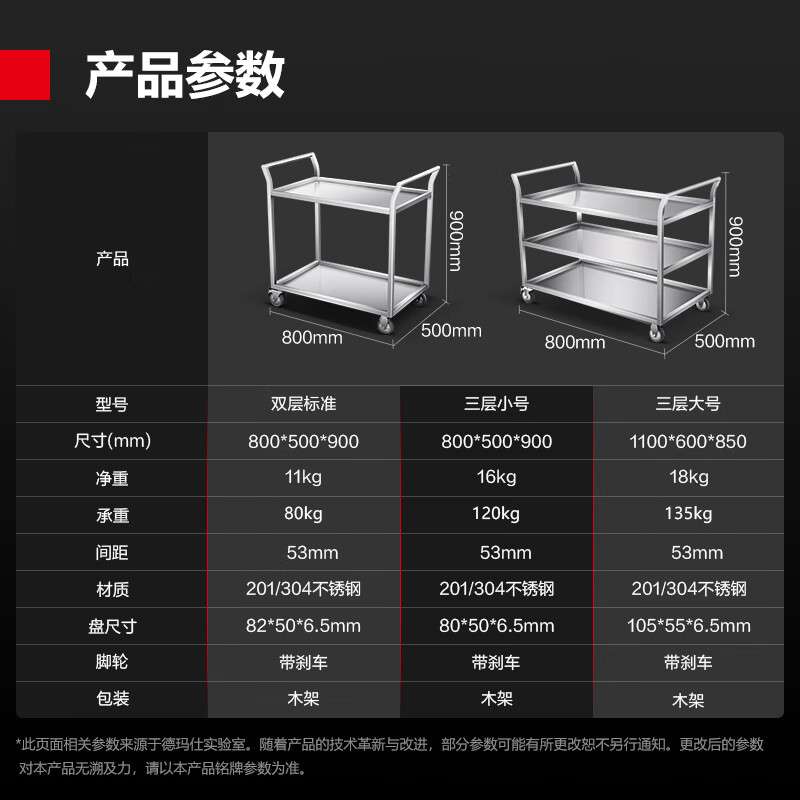 德玛仕不锈钢送餐车二层手推车收碗车三层餐车304#201#带万向轮
