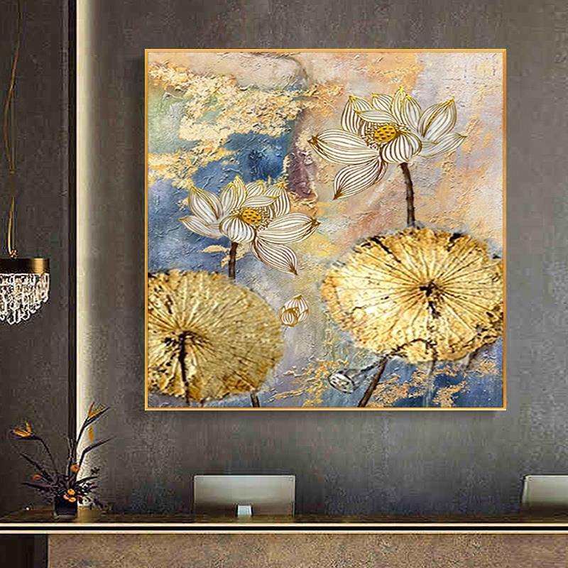 手绘油画东南亚泰式餐厅壁画抽象立体金箔荷花玄关装饰画卧室挂画