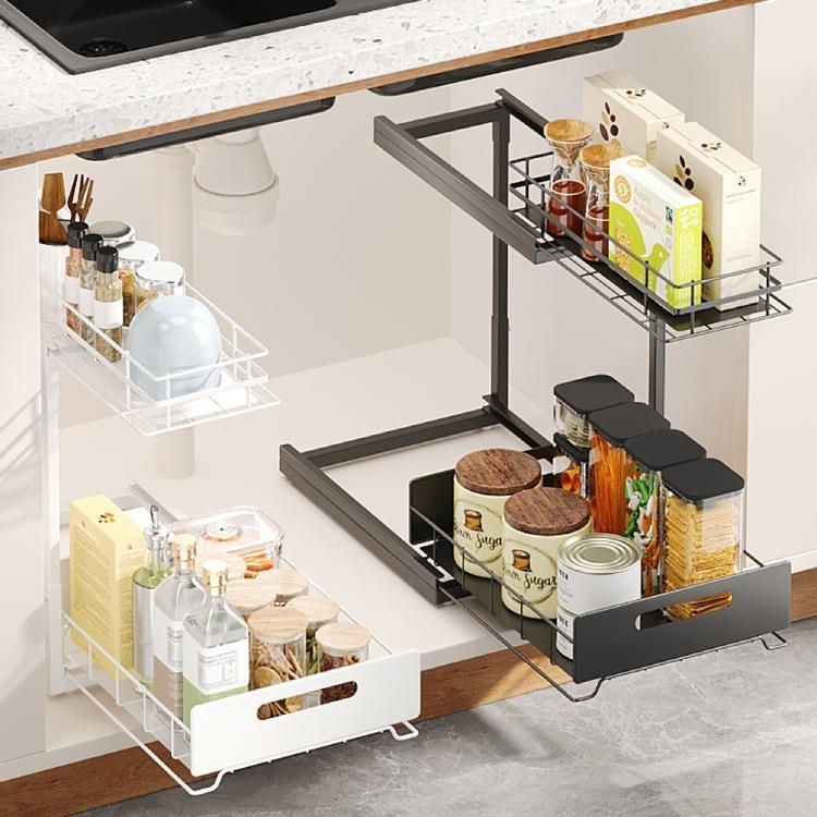 双层可伸缩收纳架厨房调料置物架家用多功能水槽下橱柜抽拉收纳架