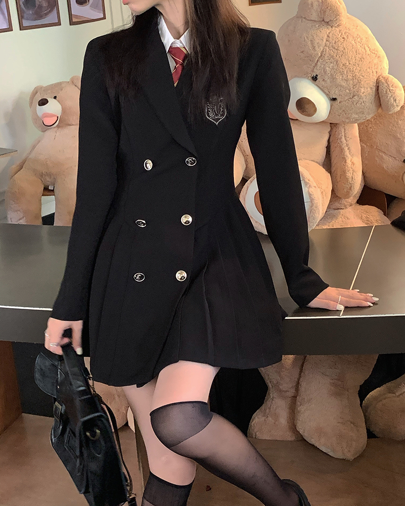 小田町jk大码双排扣百褶西装裙制服收腰显瘦气质长袖连衣裙外套女